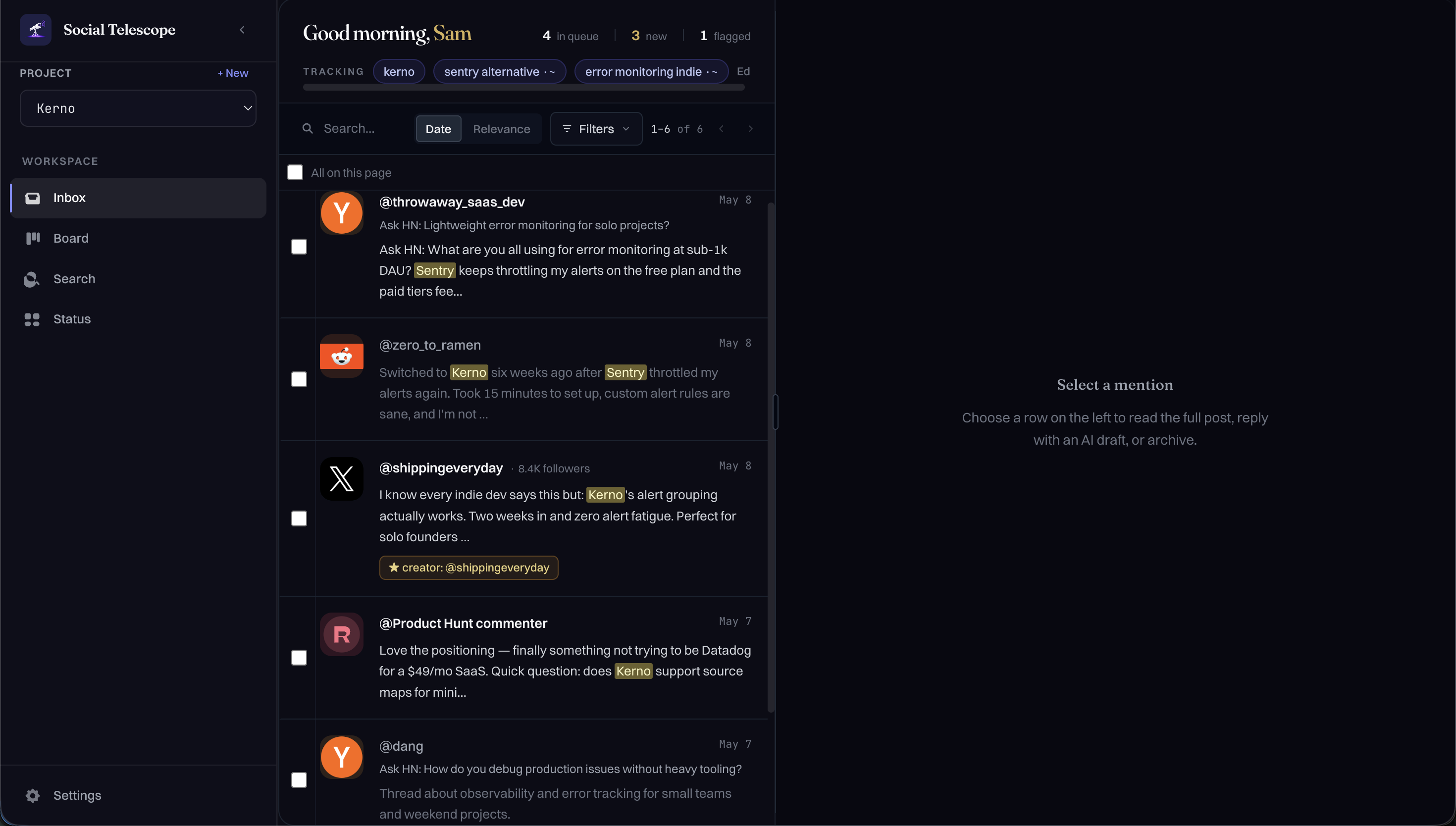 SocialTelescope inbox showing product mentions across Hacker News, Reddit, X and Product Hunt